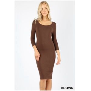 3/4 sleeve midi dress-Brown